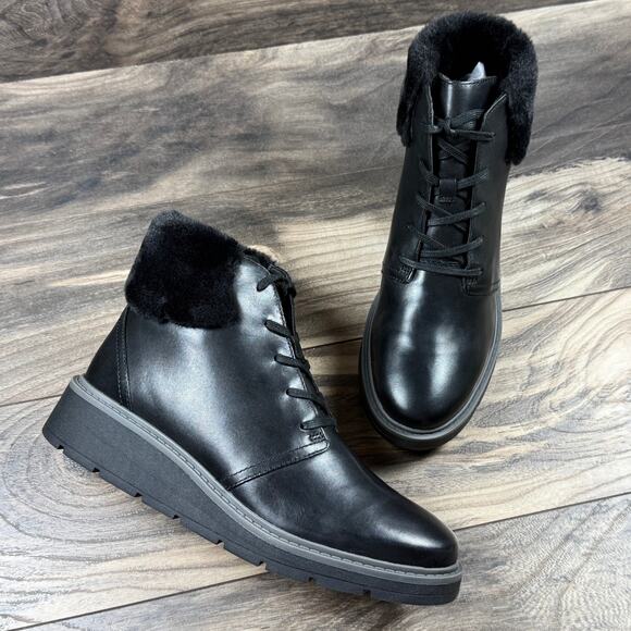 Clarks Leighly Lace 8.5M Black Leather Faux Fur Cuff Comfort Ankle Boots Booties - Picture 2 of 10